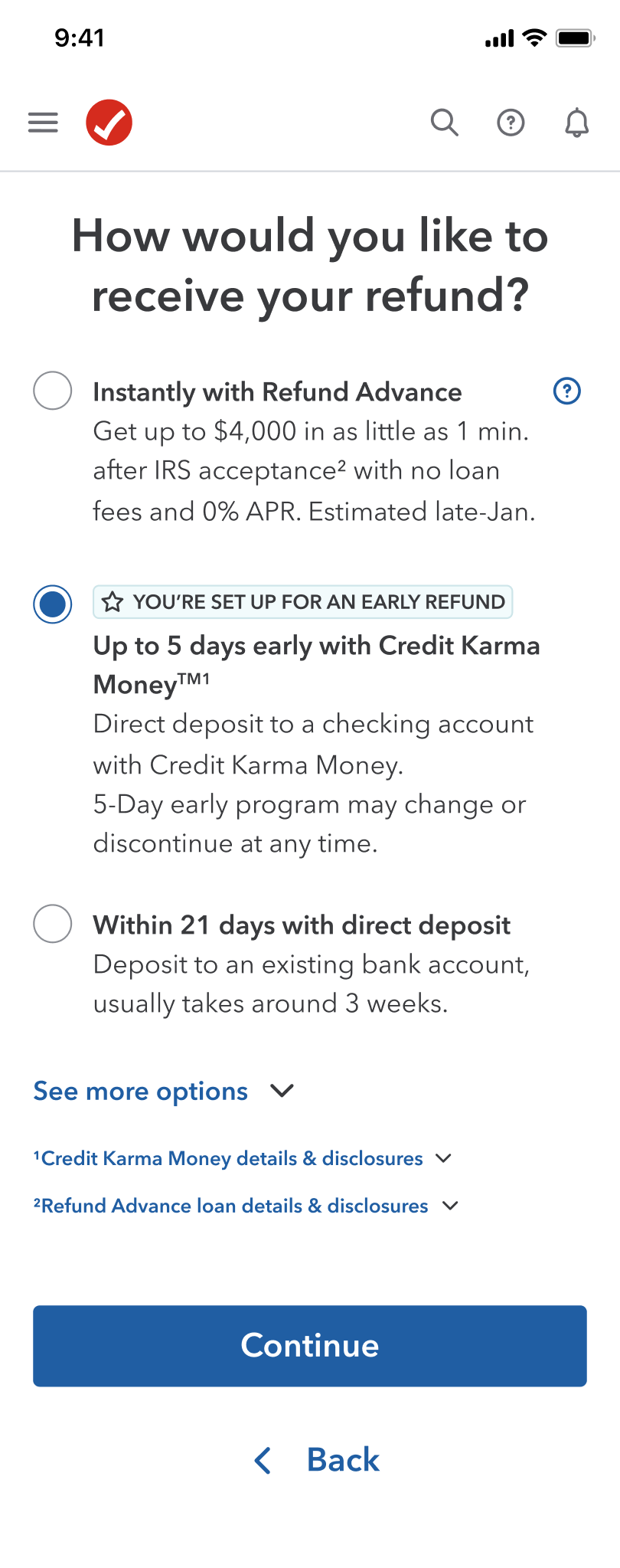 Banner option: How would you like to receive your refund, mobile