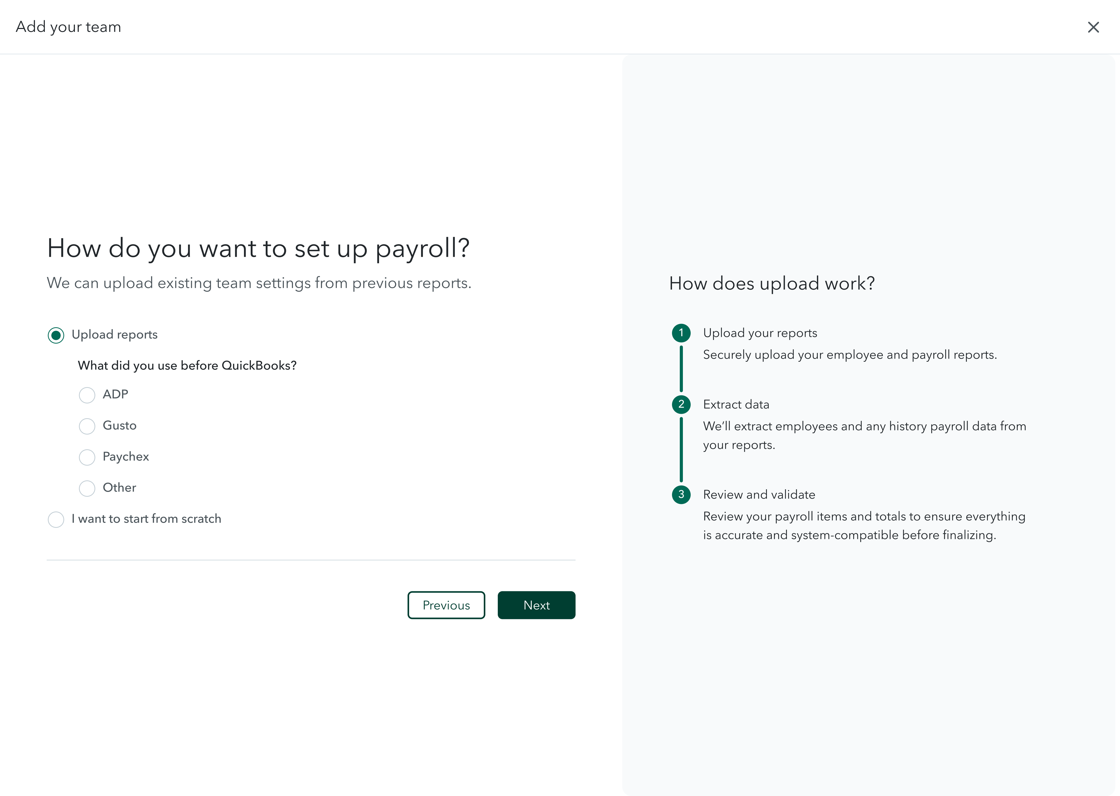 Pre-Council prototype: How do you want to set up payroll, with upload reports flow